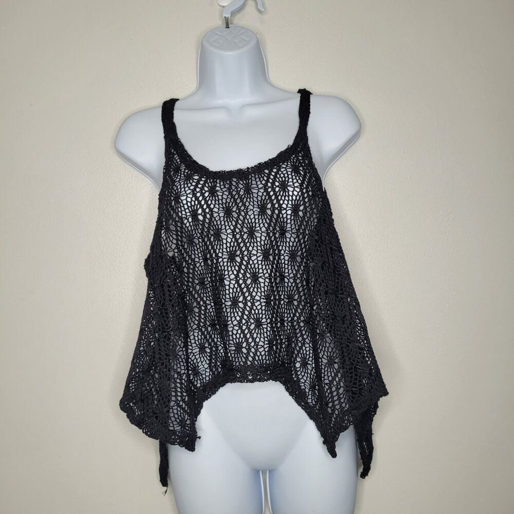 Ingear black dark boho crochet festival hippie loose fit asymmetrical hem top